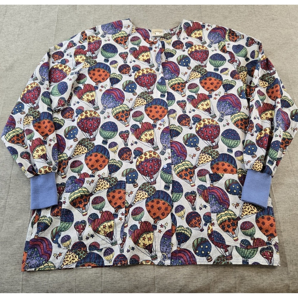 Cottonality Women"s Scrub Jacket Hot Air Balloon Print Snap Front Size 2XL